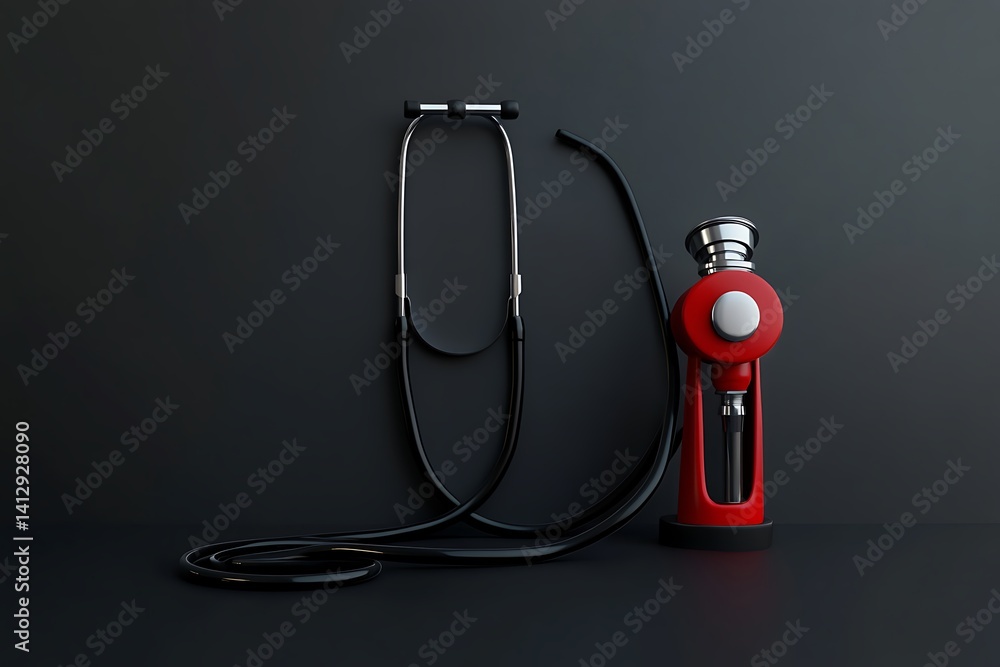 Fototapeta premium Stethoscope and Red Gas Pump Nozzle on Dark Surface Healthcare and Energy Concept