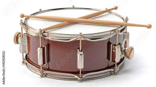 Obraz na płótnie A glossy brown snare drum with wooden drumsticks resting on top, captured against a clean white background. w salonie