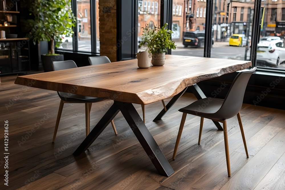 Fototapeta premium Rustic wooden dining table with metal legs in bright studio setting