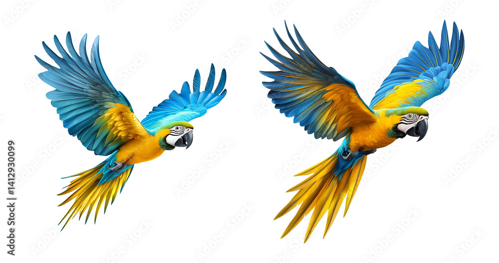 Fototapeta premium Blue-and-yellow Macaw Parrot in Flight Isolated on White Background Wildlife Colorful Tropical Bird Exotic Pet Ornithology Animal Themes Freedom Nature Conservation Macaw Parrot Flying Wings Spread