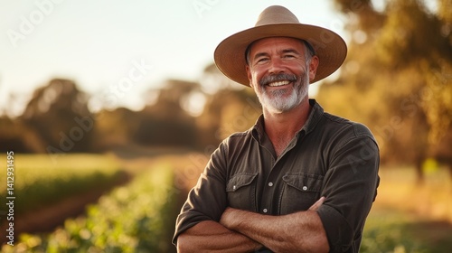 A cheerful middle-aged male farmer stands in an Australian field, embodying the spirit of agriculture and dedication to rural life against a beautiful sunset backdrop.
