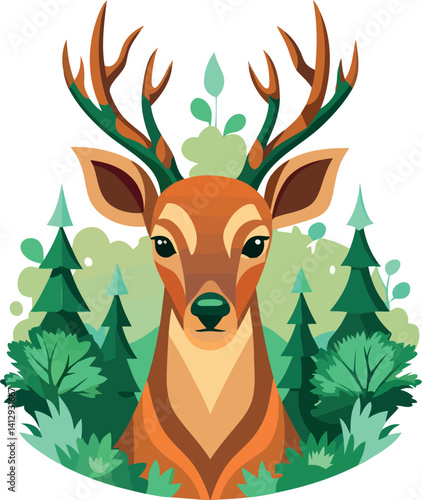 Stylized Forest Deer Head Vector in Vintage Colors – Ideal for Nature and Wildlife Designs