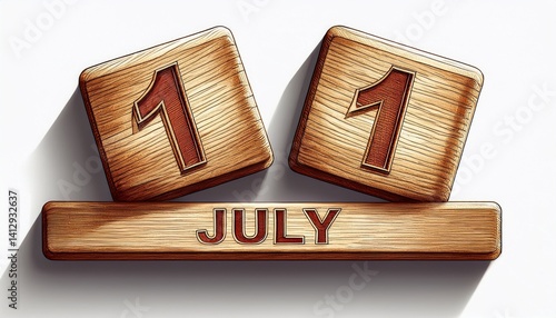 Illustration of wooden blocks with date 11 July. Day and month, simple calendar