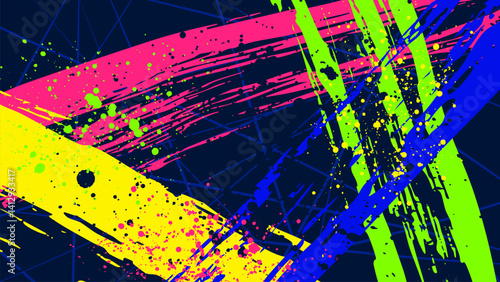 A dark background with irregular brushstrokes of reflective paint and splashes of paint.