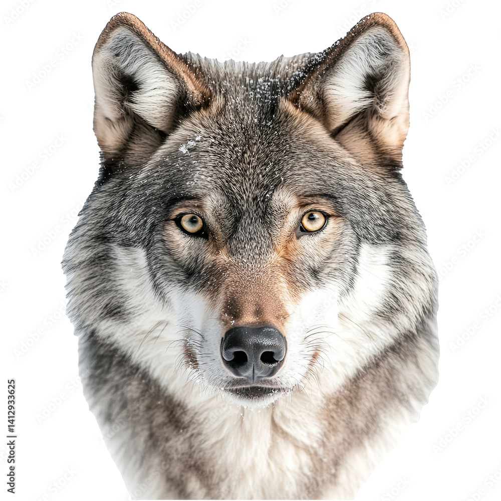 Fototapeta premium Eurasian wolf head isolated on white background beautiful predator winter fur snow wildlife canine mammal nature wild animal gray brown portrait looking at camera close up intense gaze sharp eyes