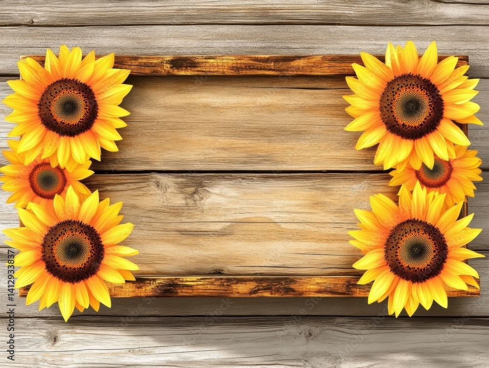 Obraz premium Sunflowers Frame: A vibrant arrangement of sunflowers adorns a rustic wooden frame. the warmth of the composition evokes a sense of seasonal beauty and natural artistry.