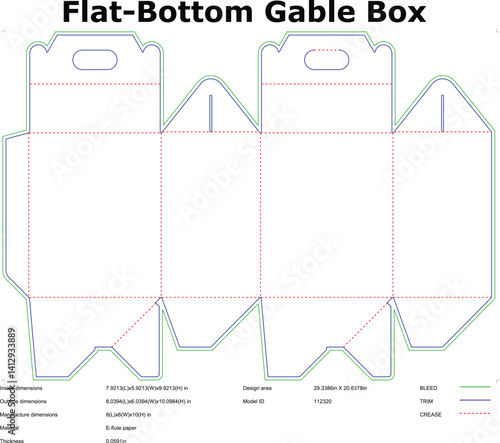 FlatBottom Gable Box Template DieCut, Packaging, Design, Printable, Diagram