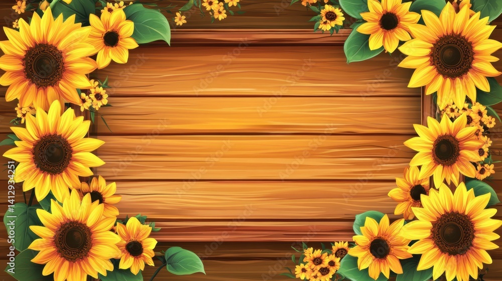Obraz premium Sunflowers and Wooden Planks: An arrangement of vibrant sunflowers frames a wooden plank background, creating a cheerful and inviting image for design use.