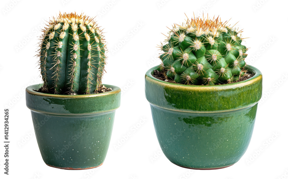 Set of green potted cactus plants in ceramic pots, isolated on transparent background Set of green potted cactus plants in ceramic pots, isolated on transparent background