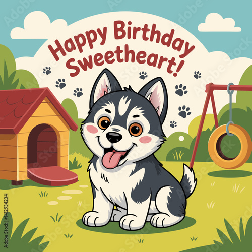 A Cheerful Birthday Greeting for a Sweetheart Featuring a Cute Husky Puppy in a Playful Outdoor Setting

