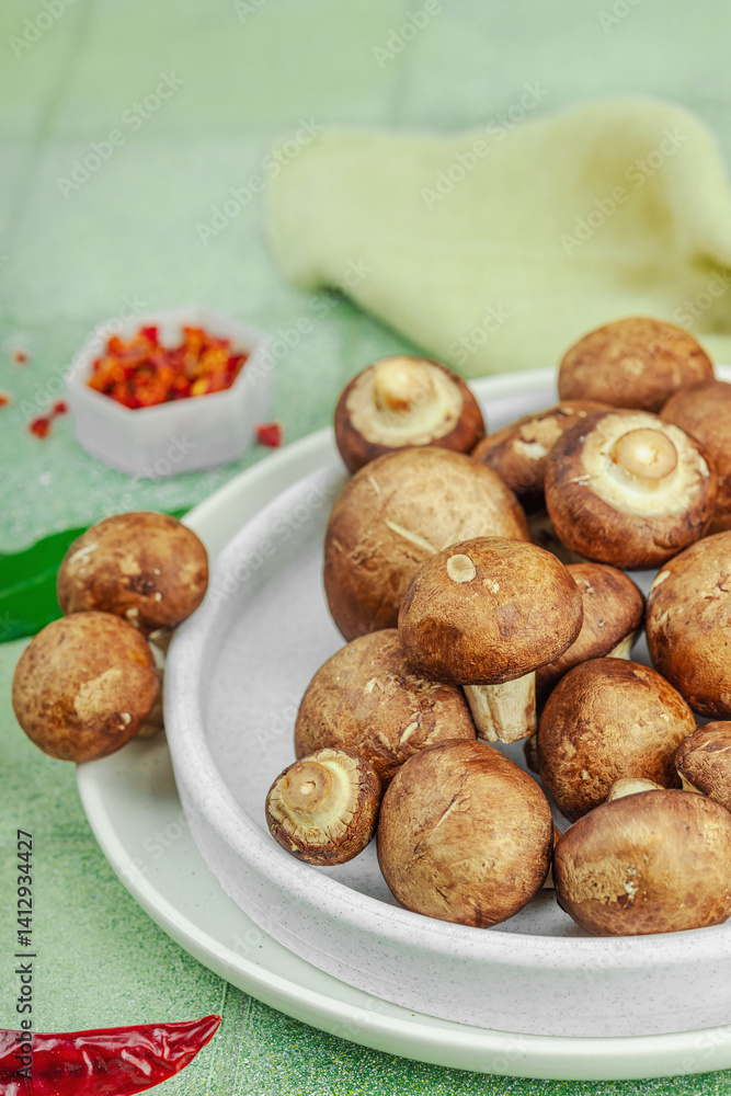 Fresh raw cremini mushrooms with spices and herbs. Healthy ingredient for cooking vegan food Fresh raw cremini mushrooms with spices and herbs. Healthy ingredient for cooking vegan food