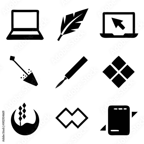 A bold collection of simplistic black icons representing digital tools, writing instruments, and design elements in a stark, minimalist style.