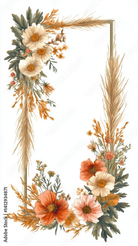 Obraz premium Floral Elegance: An elegant floral arrangement of dried flowers, set against a rectangular frame, exudes a sense of natural beauty and artistic flair.