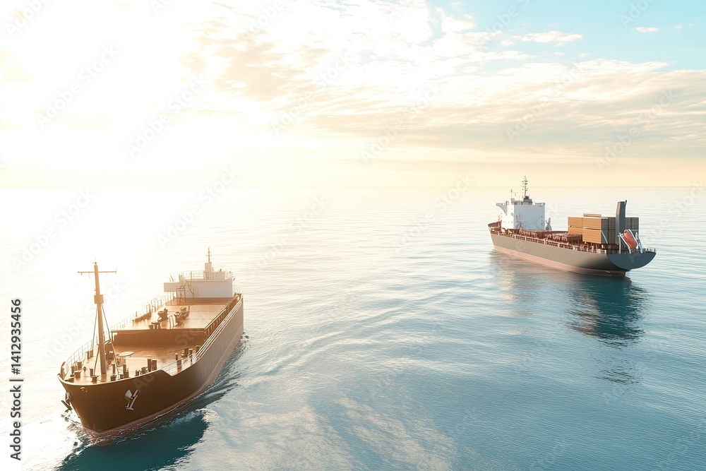 Obraz premium Two Cargo Ships Navigating Serenity on Calm Waters During a Beautiful Sunrise with Soft Light Reflection in the Ocean