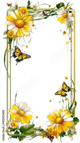 Blooming Daisies: A delicate artistic composition featuring vibrant yellow daisies and elegant butterflies gracefully arranged around a decorative frame.