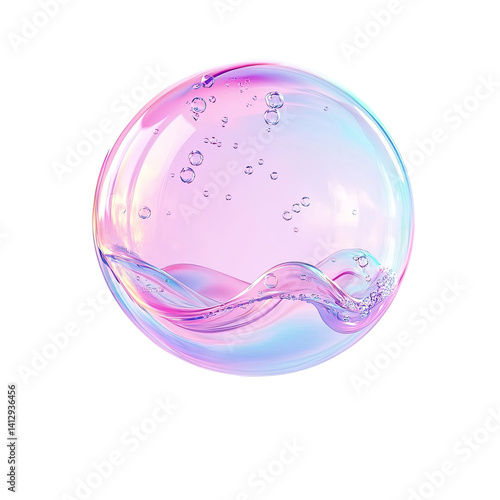Abstract 3D colorful iridescent sphere with bubbles and a wave of water inside isolated on white background bath bomb shampoo micellar water serum or perfume concept macro shot beauty product mockup