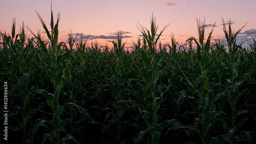 Fototapeta premium Vibrant cornfield at dusk with towering stalks long shadows and a colorful sky Perfect for agricultural and nature concepts