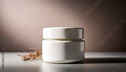 Realistic cosmetic jar with blank label and green leaves beside, clean minimal background. Natural skincare concept ideal for organic beauty branding.