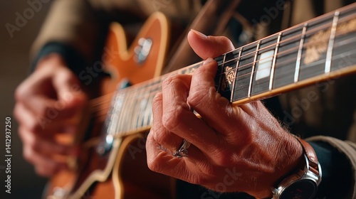 Closeup hands playing guitar music hobby
