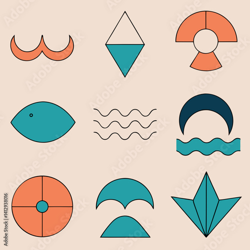 A collection of playful, minimalist geometric shapes in calming teal and coral hues on a soft beige background, evoking a sense of serenity and modern art.