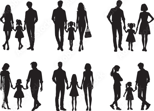 Eight family silhouettes strong bonds diverse poses sharp outlines clean white background minimalist