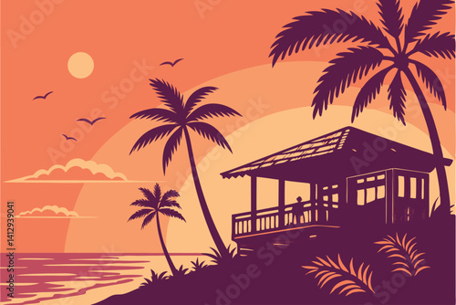 32 Tropical sunset, beach bar silhouette, palm trees, ocean view, vibrant orange and purple sky, full sun on horizon, reflective water, thatched roof huts, balcony railing, vector art style, minimalis