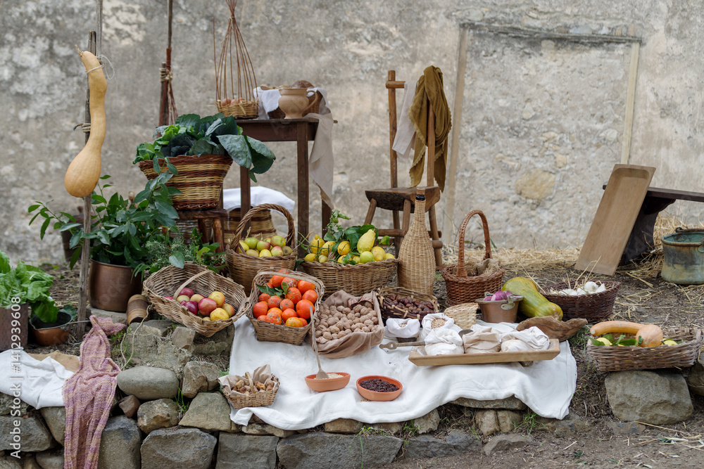 Vegetable stall at a medieval market
