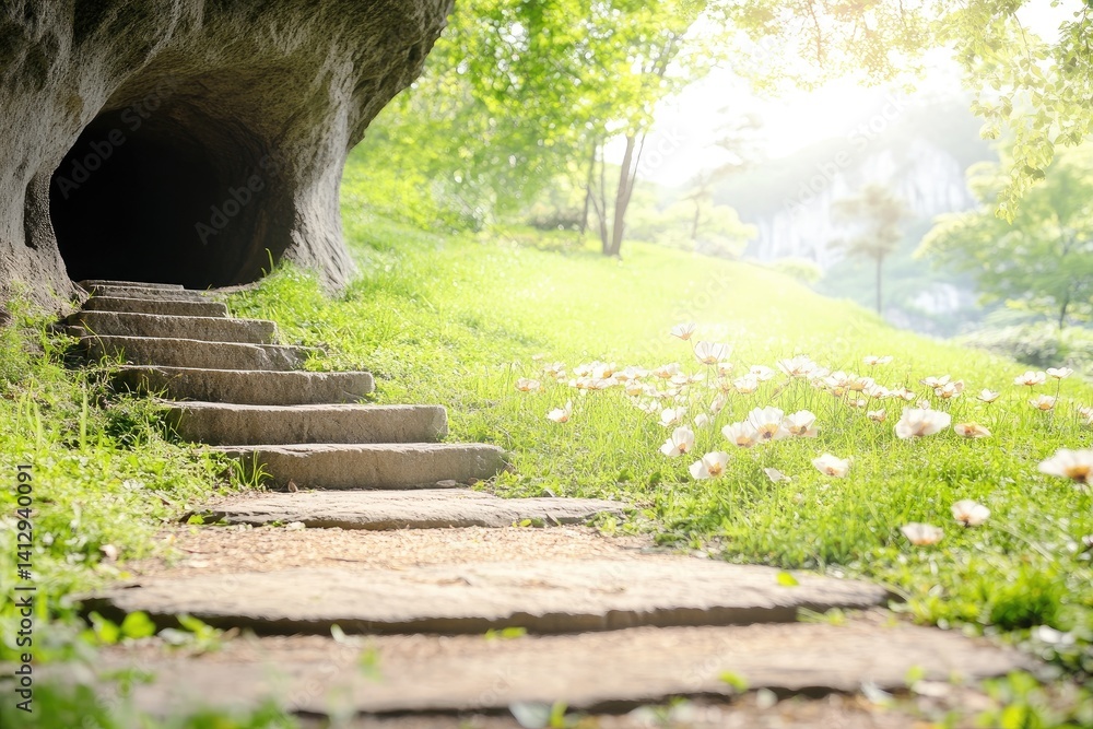Obraz premium Serene Pathway Leading to Enchanted Cave Entrance Surrounded by Lush Greenery and Sunlit Flowers in Tranquil Natural Landscape