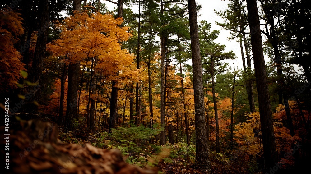 A serene forest scene showcasing autumn foliage with vibrant orange leaves among tall trees. A serene forest scene showcasing autumn foliage with vibrant orange leaves among tall trees.
