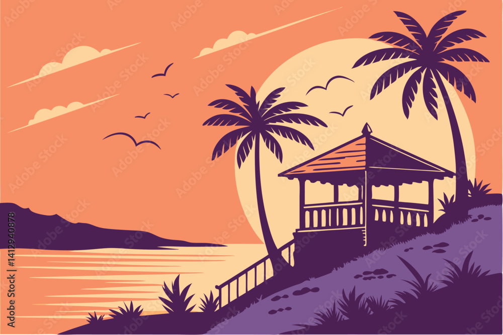 Fototapeta premium 32 Tropical sunset, beach bar silhouette, palm trees, ocean view, vibrant orange and purple sky, full sun on horizon, reflective water, thatched roof huts, balcony railing, vector art style, minimalis