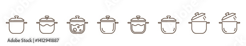 Set of linear saucepan icons isolated on transparent background. Hot pan with steam line icon. A saucepan or pot with boiling water inside. Cooking icon set.
