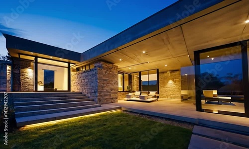 Modern concrete house with outdoor patio at twilight.