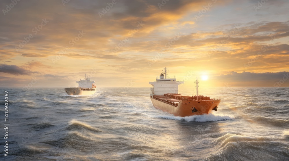Fototapeta premium Two Cargo Ships Navigating Through Ocean Waves Under Dramatic Sunset Sky with Bright Sunlight Reflecting on Water Surface