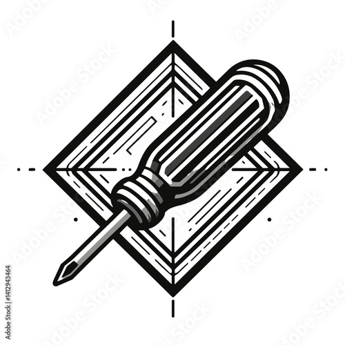 Black and white illustration of a screwdriver centered within a diamond-shaped frame