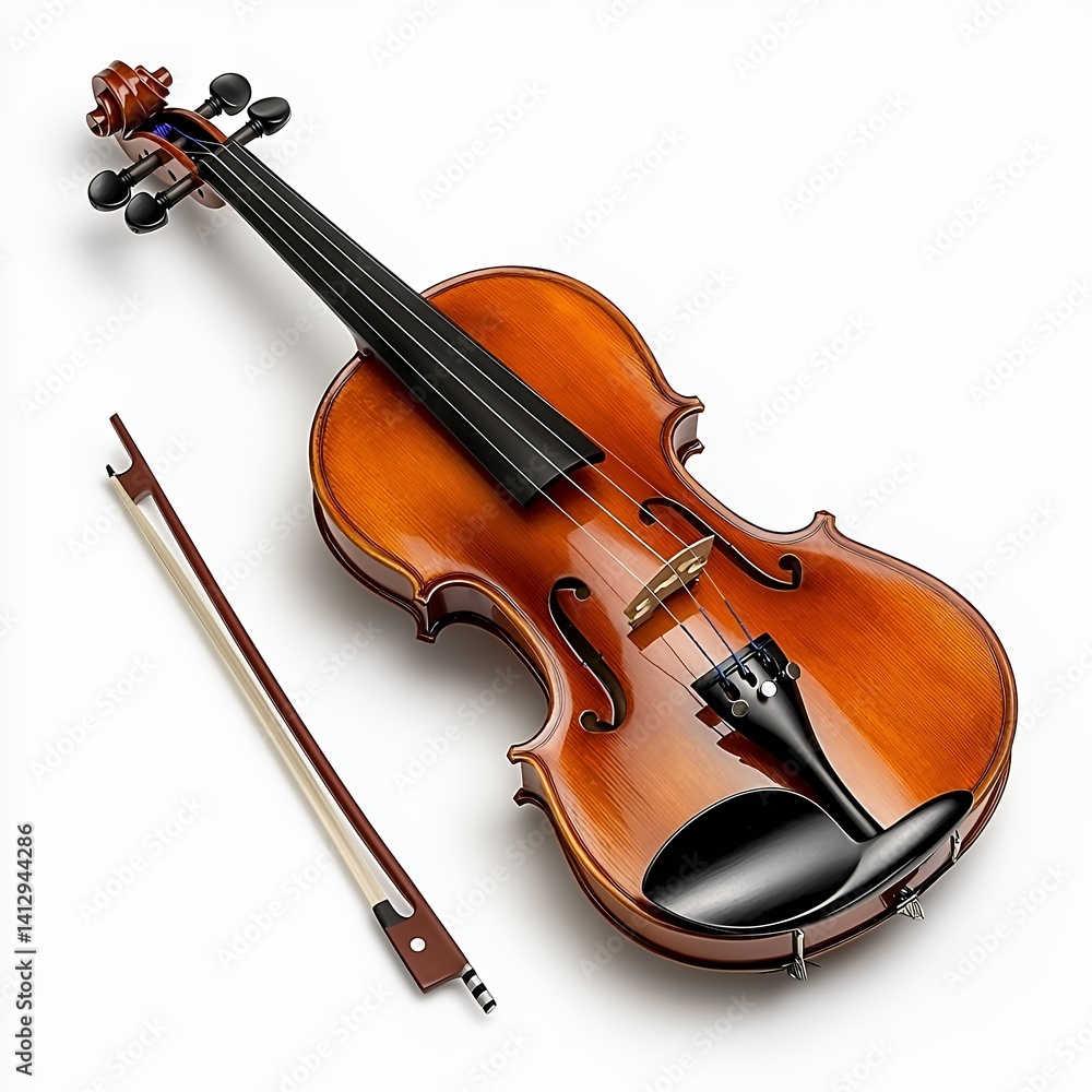 Fototapeta premium Detailed View of a Polished Violin and Bow on White Background