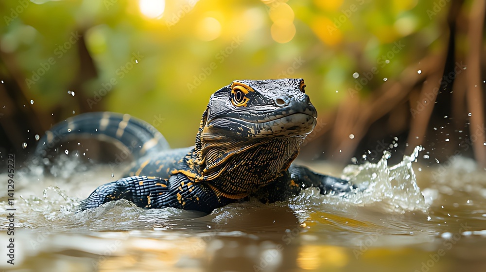 Lizard swimming mangrove swamp sunset wildlife Lizard swimming mangrove swamp sunset wildlife