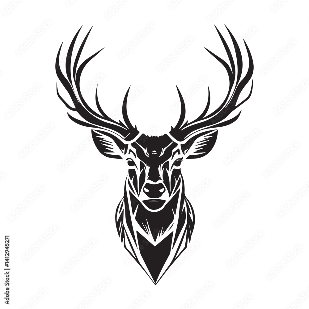 Vector illustration of a black deer and bull head silhouette with antlers, a wild mammal design Vector illustration of a black deer and bull head silhouette with antlers, a wild mammal design