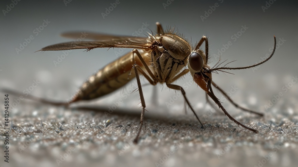 Golden mosquito on textured surface, macro photography, insect close-up Golden mosquito on textured surface, macro photography, insect close-up