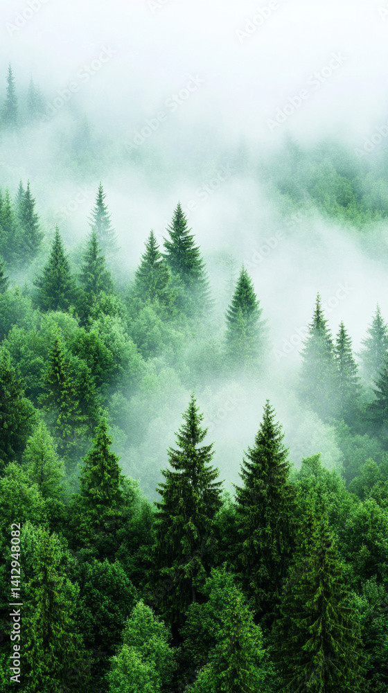 Fototapeta premium Misty forest at sunrise with soft pastel hues and evergreen trees