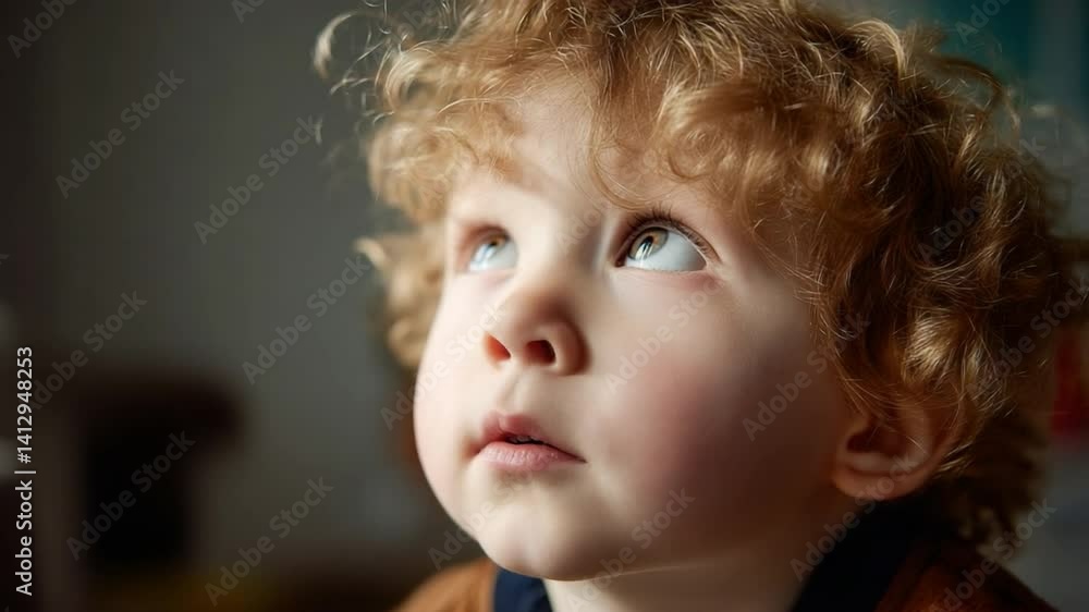 Inquisitive Gaze: A young child with curly, auburn hair gazes upwards with a look of wonder, their eyes filled with curiosity. A moment of innocent exploration. Inquisitive Gaze: A young child with curly, auburn hair gazes upwards with a look of wonder, their eyes filled with curiosity. A moment of innocent exploration.