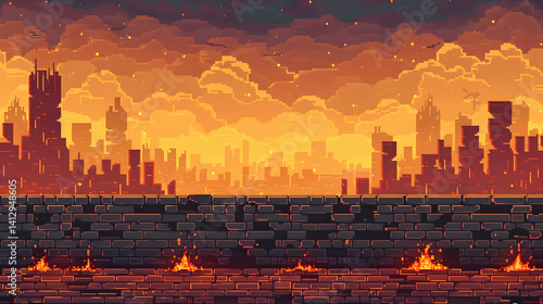 Pixel Art of a Burning City with Orange Sky Silhouette of Buildings and Brick Wall in Foreground in Landscape Orientation