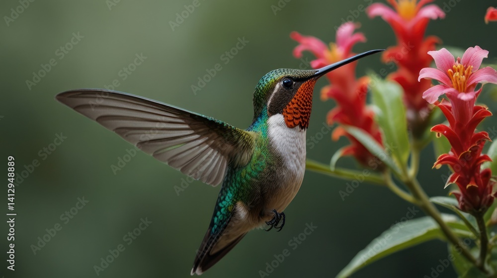 Fototapeta premium Hummingbird feeding on red flowers, rainforest background, nature photography