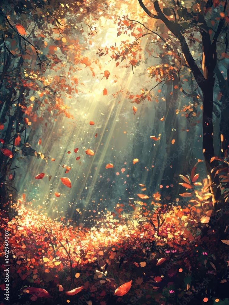 Fototapeta premium Autumnal Embrace: A mesmerizing illustration of an autumnal forest, where sunbeams dance through the canopy, illuminating a tapestry of fallen leaves, evoking warmth and serenity.