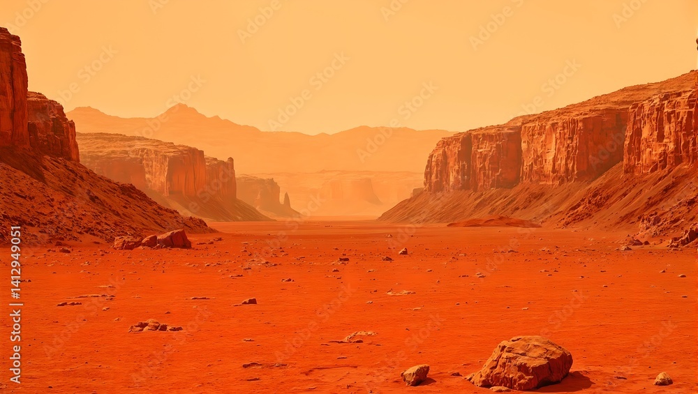 Fototapeta premium Explore the rugged beauty of Mars with its rust colored dust twisting valleys towering cliffs and red sand dunes under an otherworldly orange sky