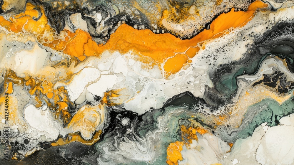 Fototapeta premium A captivating composition showcases a blend of bright orange, black, and white hues swirling together, creating an organic feel reminiscent of geological formations