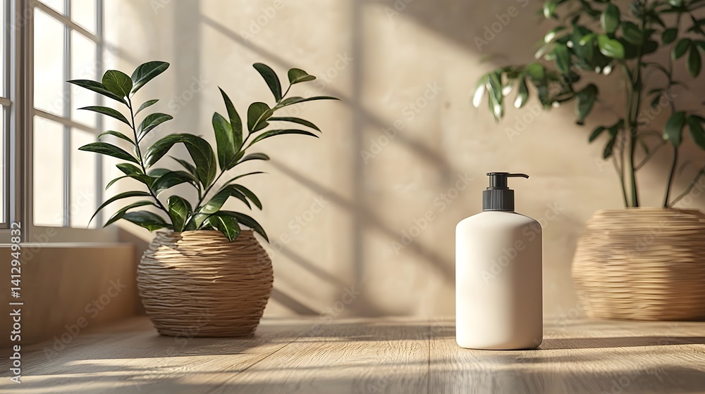 Modern White Bottle on Table with Plant Modern White Bottle on Table with Plant
