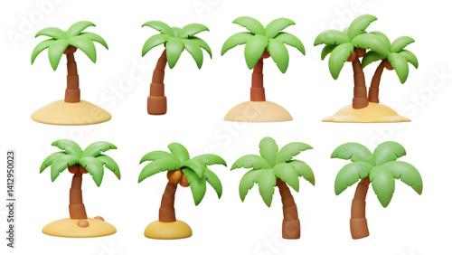 3d palm tree set, cartoon tropical island trees, summer vacation elements png