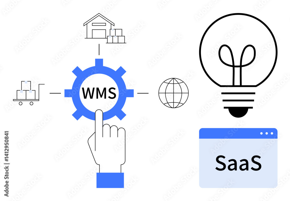 Hand interacting with WMS gear, connected to warehouse, global network, and delivery. Light bulb for innovation, SaaS browser for software solutions. Ideal for logistics, supply chain, innovation Hand interacting with WMS gear, connected to warehouse, global network, and delivery. Light bulb for innovation, SaaS browser for software solutions. Ideal for logistics, supply chain, innovation