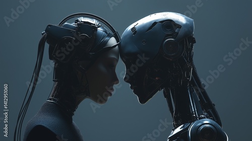 Atmospheric profile shot of female and sleek black humanoid robot in intimate confrontation against dark blue background. Perfect for AI ethics, technology advancement and cybernetic concepts