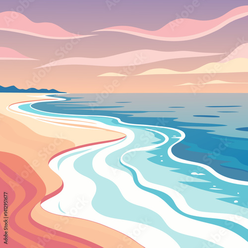 Serene sunset hues paint a tranquil beach scene where gentle waves caress the soft sand, creating a peaceful coastal escape in a stylized, minimalist illustration.
